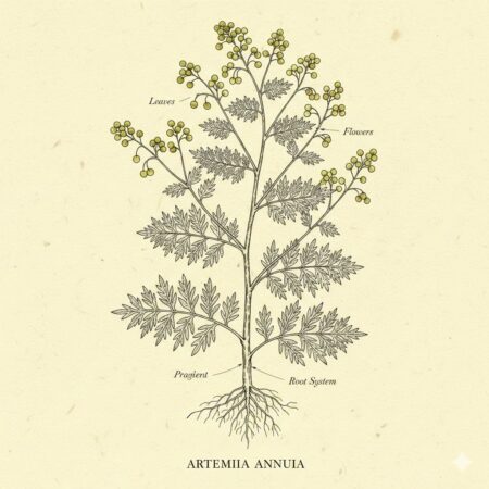 Botanische Illustration von Artemisia annua (Einjähriger Beifuß) mit Blättern, Blüten und Wurzelsystem